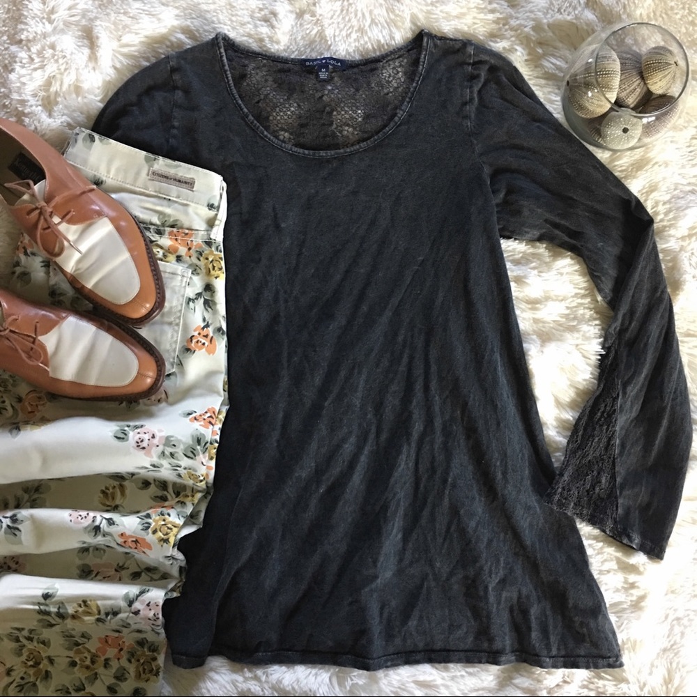 Basil and Lola • acid wash top w/ lace accents